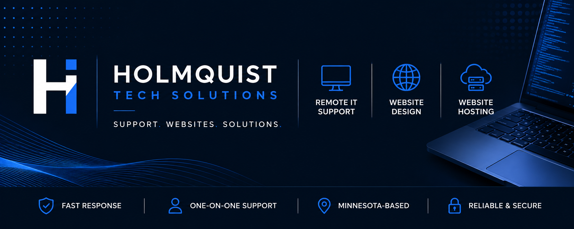Holmquist Tech Solutions branded banner showing remote IT support, website design, and website hosting